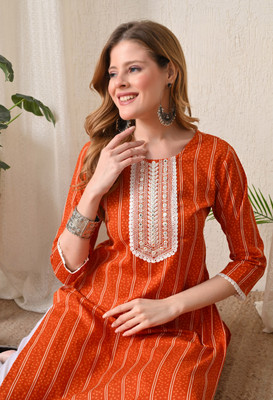 BKApparels Women Embroidered Straight Kurta(Orange)