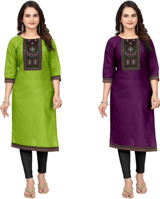 NIMIENTERPRIS Women Embroidered A-line Kurta(Light Green, Purple)