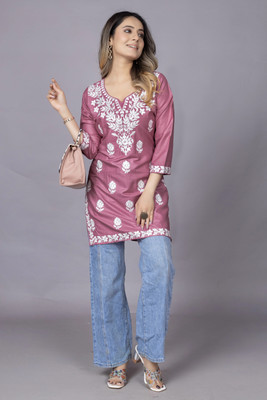 Bncollectionl Women Chikan Embroidery A-line Kurta(Pink)