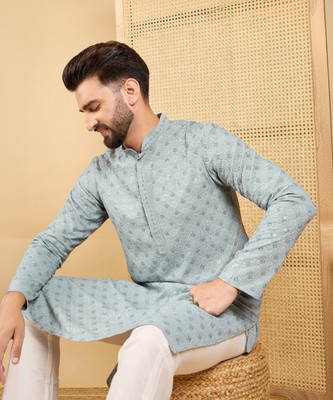Ethnic Bay Men Embroidered Straight Kurta(Grey)
