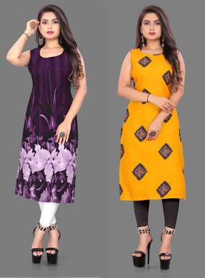 Hiral Creation Women Floral Print Straight Kurta(Purple, Yellow)