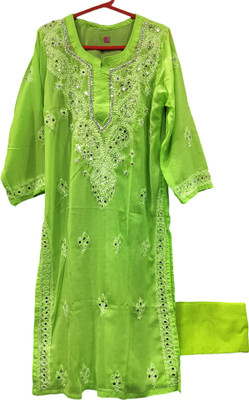 A A Handwork Chikan Women Chikan Embroidery A-line Kurta(Green)