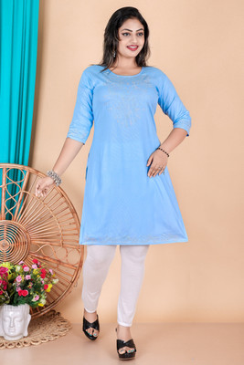 TurningFashion Women Solid Straight Kurta(Blue)