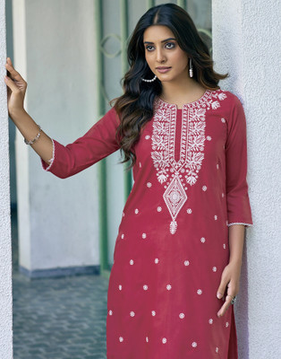 Samah Women Chikan Embroidery, Embellished, Dyed/Ombre, Self Design Straight Kurta(Pink, White)