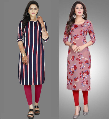 Hiral Creation Women Striped, Printed A-line Kurta(Pink, Purple)