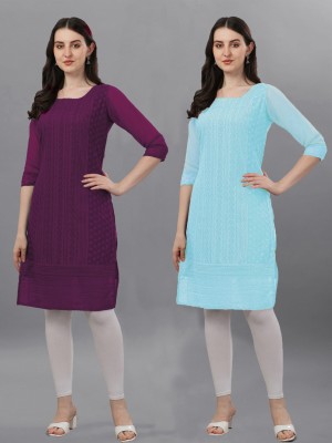 ZAZADIYA ENTERPRISE Women Chikan Embroidery Straight Kurta(Light Blue, Purple)