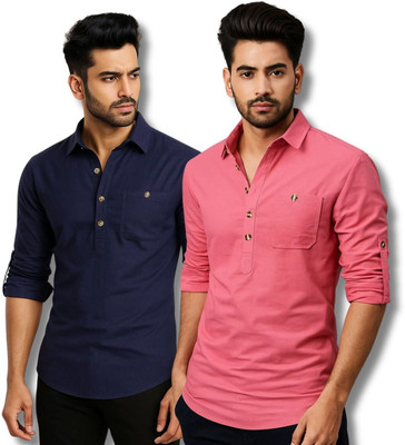 RANGFIT Men Solid Straight Kurta(Dark Blue, Pink)