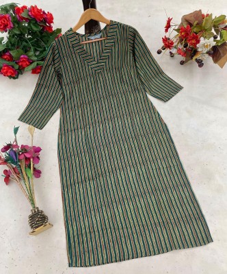 DERIFA Women Striped Straight Kurta(Green)