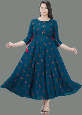 Anmi Floral Print Women Anarkali Kurta(Dark Blue, Red, Beige)