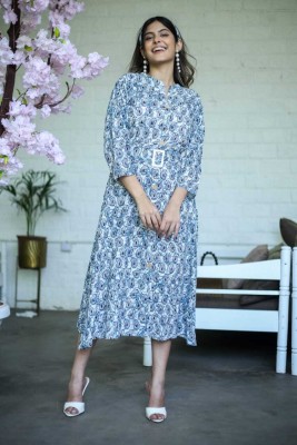 Evergreen Trends Women Printed A-line Kurta(Blue)