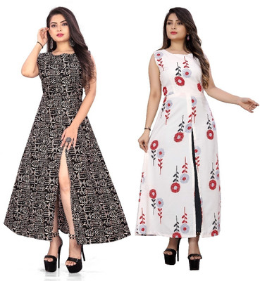 tanvi creation Women Printed Frontslit Kurta(Black)
