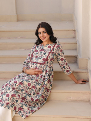 Assume Fab Women Printed Anarkali Kurta(Beige)