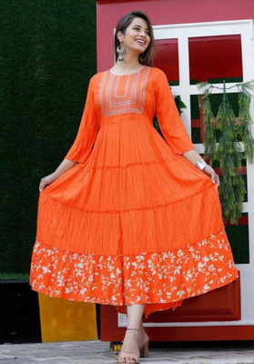 AF ASHA FABRICS Women Printed Flared Kurta(Orange)