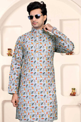 Nirwear Men Printed Straight Kurta(Grey)