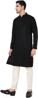 Shree Dutt Creation Men Chikan Embroidery Straight Kurta(Black)