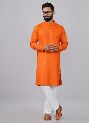 ELEPANTS Men Solid Straight Kurta(Orange)