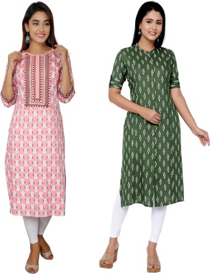 Kundan Women Printed Straight Kurta(Green, Pink)