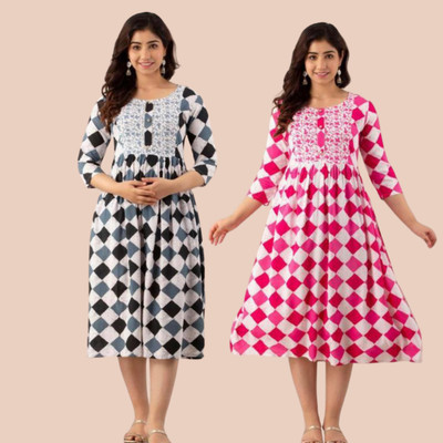 Priyas Creation Women Block Print, Printed Flared Kurta(Pink)