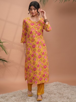 Vishudh Women Printed Straight Kurta(Yellow, Pink, Green)