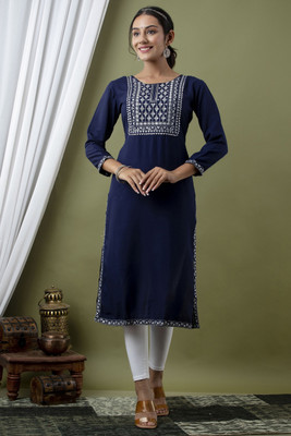 JYOTISHA Women Self Design Straight Kurta(Blue)