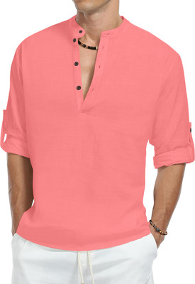 Zelinco Men Solid A-line Kurta(Pink)