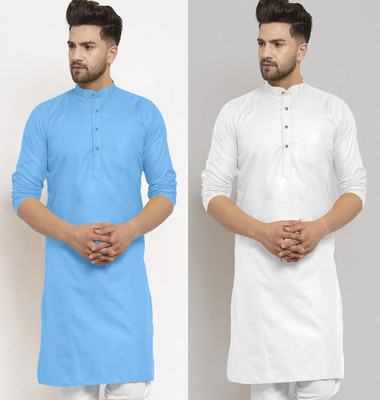 Krudha Fashion Men Solid Straight Kurta(Light Blue, White)