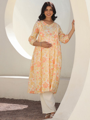 Janasya Women Floral Print A-line Kurta(White)