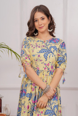 INSTA CRAFT Women Floral Print Anarkali Kurta(Yellow)