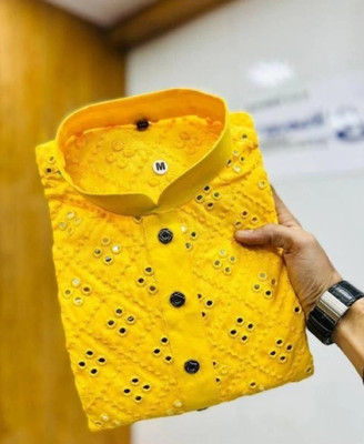 FOXDX Men Printed Straight Kurta(Yellow)