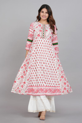 Yash Gallery Women Floral Print Anarkali Kurta(White)