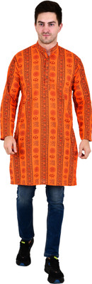LDHSATI Men Printed Straight Kurta(Orange)