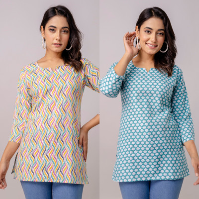 Dangra Women Floral Print Tunic Kurta(Multicolor, Light Blue)