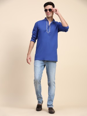 SKAVIJ Men Self Design Straight Kurta(Dark Blue)