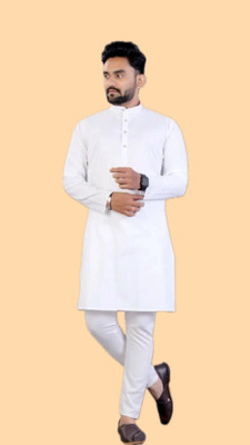 HouseOfCommon Men Striped A-line Kurta(White)