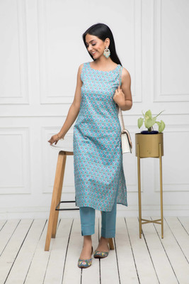 Shivaradhya Designers Women Block Print Straight Kurta(Blue)