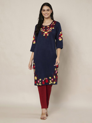 Trend Level Women Embroidered Straight Kurta(Dark Blue)