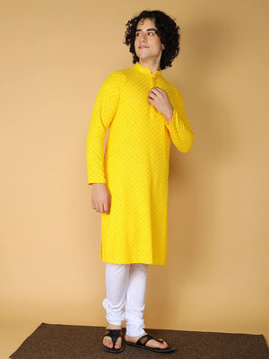 Ladyflock Men Chikan Embroidery Straight Kurta(Yellow)