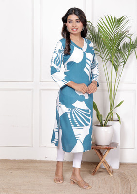 aashub Women Printed A-line Kurta(Light Blue)