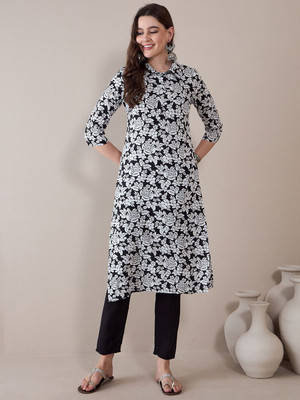 ANOUK Women Floral Print Straight Kurta(Black)