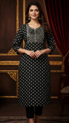 Nue mart Women Printed, Embroidered A-line Kurta(Black, White)
