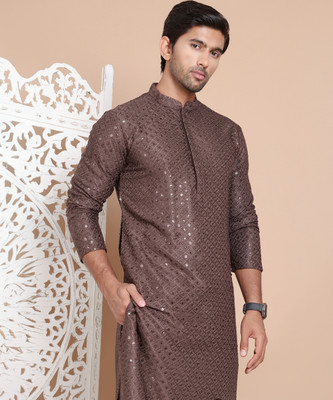 Jompers Men Embroidered Straight Kurta(Brown)