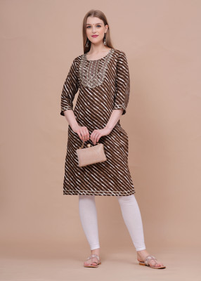 pankhuri international Women Printed Straight Kurta(Brown)