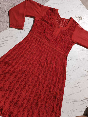 Aqsha Chikan Handicraft Women Embroidered Anarkali Kurta(Red)