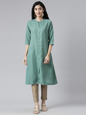 SAMHITAS Women Woven Design Straight Kurta(Blue)