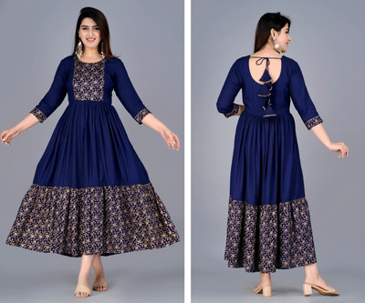 MANAV FASHIONS Women Printed Anarkali Kurta(Dark Blue, Gold)