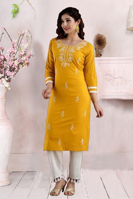 vikshi Women Embroidered Straight Kurta(Yellow)