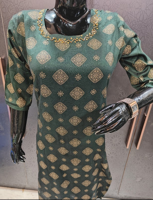 Banaras silk palace Women Printed A-line Kurta(Dark Green)