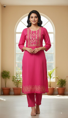 KIVA Women Embroidered Straight Kurta(Pink)