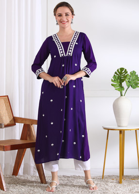 ANANDITA Women Embroidered Flared Kurta(Blue)