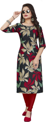 zindora Women Floral Print Straight Kurta(Black)